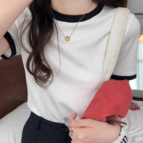 TDN-0064  여성 빈티지 골지 라인 배색 반팔티 